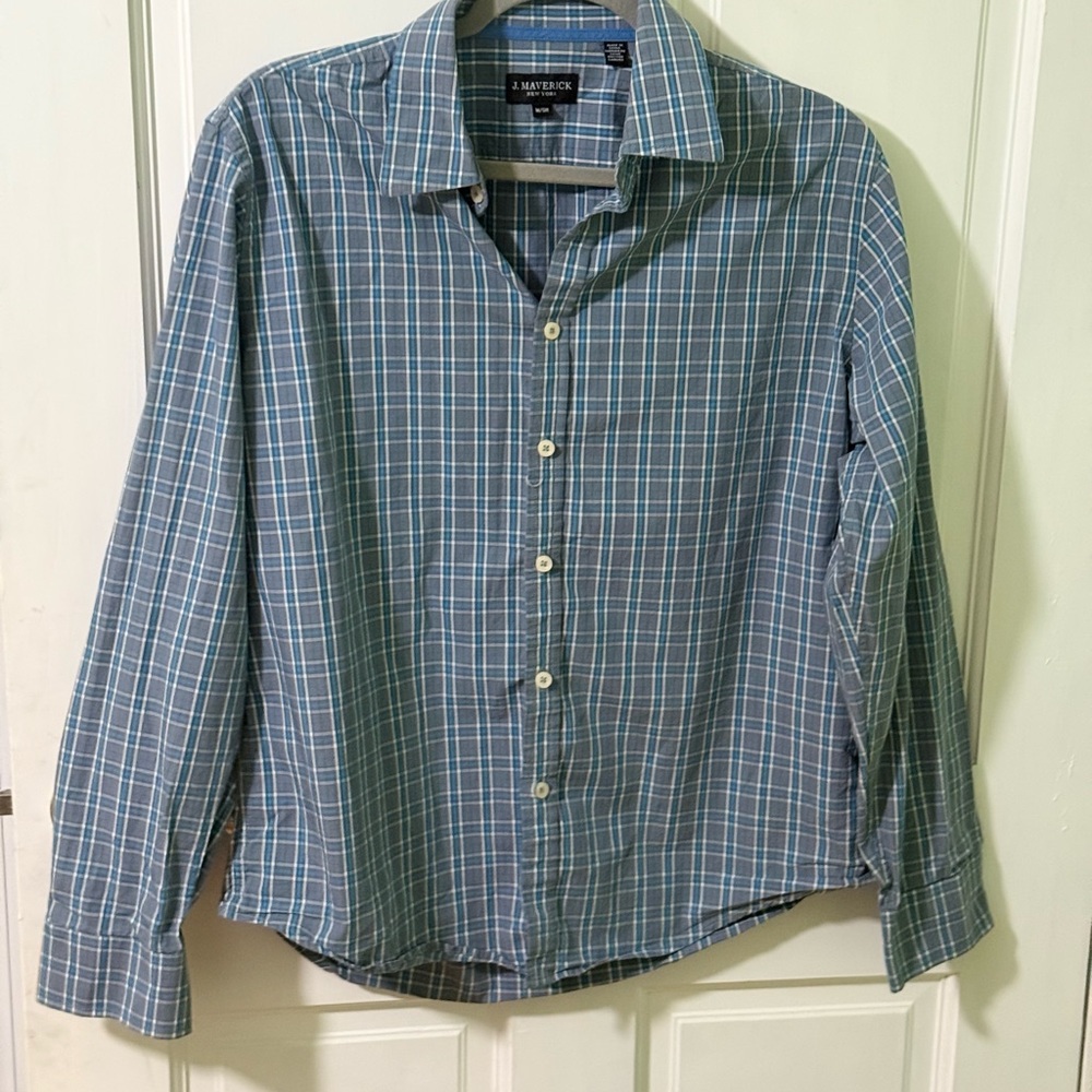 jf j.ferrar Men's Blue and White Checkered Casual Shirt